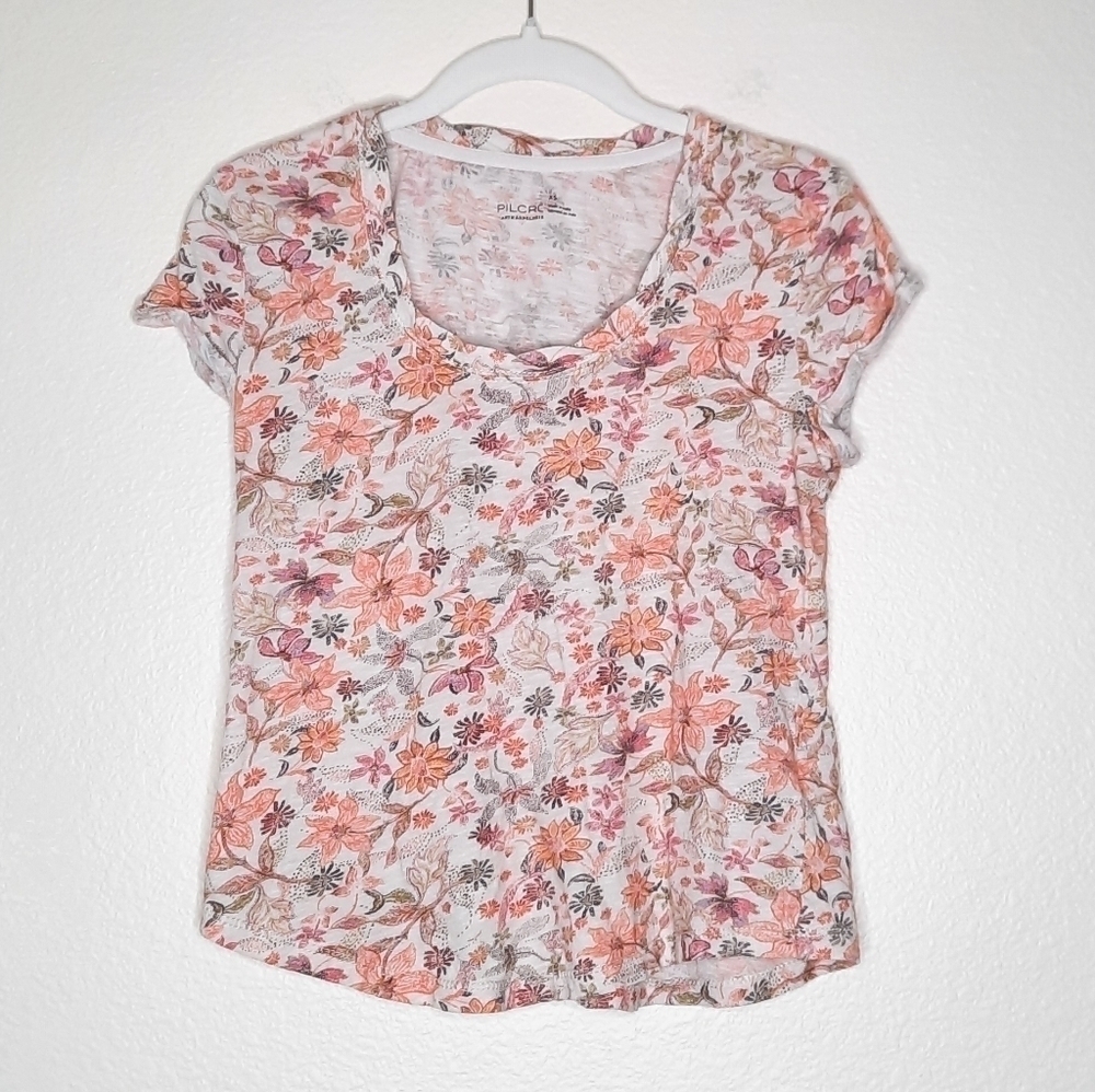 Anthropologie Pilcro Orange Pink Floral Cotton Tee XS